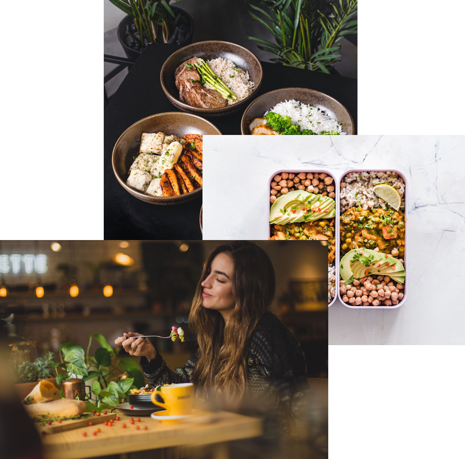 Woman enjoying food, meal in storage container, and food bowls on a table